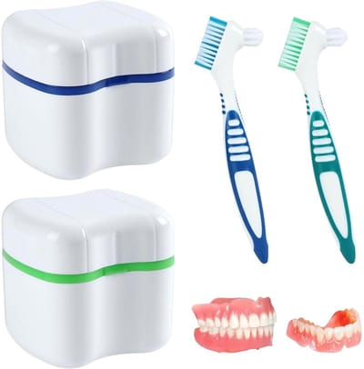 GELLDG Draagbare Gebitsdoos - Set van 2 - Met ophangscherm - Inclusief 2 gebitsreinigingsborstels - Gebitsreinigingsdoos - Reisopbergdoos voor kunstgebitten - Blauw + Groen