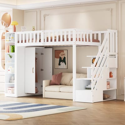 MEUNIQ hoogslaper 90x200 cm met kledingkast, planken, opbergkasten en veiligheidsladder, kinderbed voor kinderkamer, wit