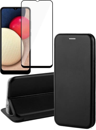Hoesje geschikt voor Samsung A02s en Screenprotector - Book Case Kunstleer Wallet Cover Hoes Zwart + Screen Protector Glas Full Screen