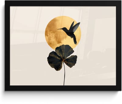 Poster in lijst - Fotolijst 40x30 cm - Posters - Zwarte kolibrie - Bloem - Gouden cirkel - Posterlijst zwart - Decoratie - Wanddecoratie woonkamer - Muurdecoratie slaapkamer
