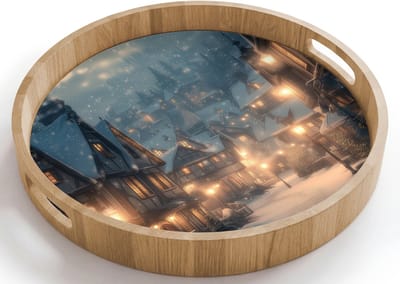 Dienblad rond 40x40 cm - Schootdienblad hout - Winterdorp - Sneeuw - Donker - Borrelplank rechthoek - Plateau houten dienbladen