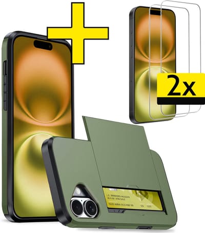 Hoesje Geschikt voor iPhone 16 Hoesje Case Pashouder Hard Cover Met 2x Screenprotector - Hoes Geschikt voor iPhone 16 Hoesje Met Kaarthouder - Donkergroen