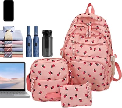Aardbei Rugzak Set - Schooltas Organizer - Dagelijks Gebruik - Duurzame Kwaliteit - 45x30x15 cm - Roze
