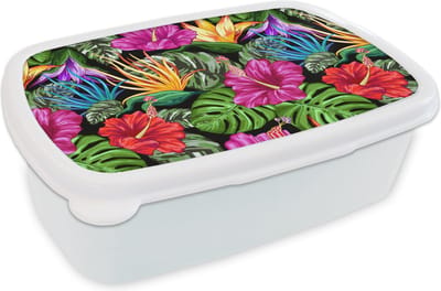 Broodtrommel Wit - Lunchbox - Brooddoos - Tropisch - Patronen - Bloemen - Monstera - 18x12x6 cm - Volwassenen