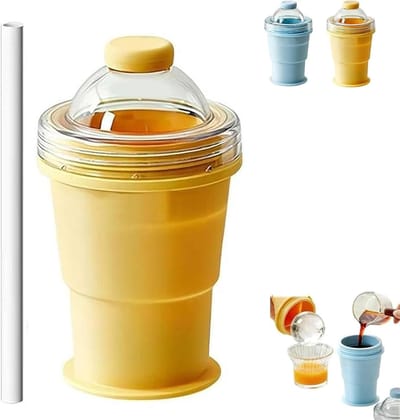 IJshockeybeker maken - 2-in-1 ijswaterbeker - Ijsbolvormen - opvouwbare - Herbruikbaar -Ijsblokjesfles met Rietje - Lekpreventie - Draagbare - Ideaal voor thuis, op kantoor, op reis, tijdens wandelingen en buitenactiviteiten - Geel