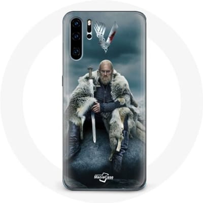 Case voor Huawei P30 Vikings Series Seizoen 6 Ragnar Lothbrok logo V Zwaard Grijze Mistachtergrond