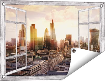 Gards Tuinposter Doorkijk Londen bij Zonsondergang in een Moderne Wijk - 60x40 cm - Tuindoek - Tuindecoratie - Wanddecoratie buiten - Tuinschilderij