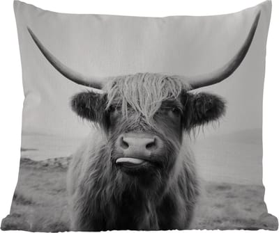 Tuinkussen - Dieren - Schotse hooglander - Koe - Zwart - Wit - 40x40 cm - Weerbestendig