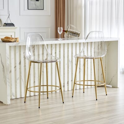 FloraGrace Barkruk 66 Cm – Transparant Design – Set Van 2 – Metaal En Kunststof – Voor Keukeneiland Of Bar – Goud