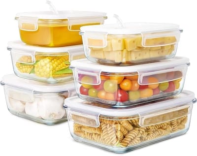 Famanu - 6-pak glazen voedselcontainer (1,5 + 1 + 0,6 l), luchtdicht, afsluitbaar stoomventiel, geschikt voor magnetron, oven, vaatwasser en vriezer