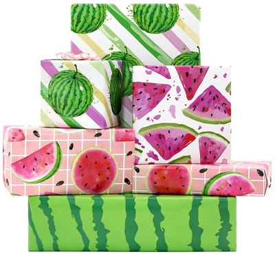 JHUBERS- Inpakpapier Watermeloen - Cadeaupapier Verjaardag - Inpakpapier Zomer - Inpakpapier Tropisch - Inpakpapier Rollen - 8 Vellen in 4 Ontwerpen