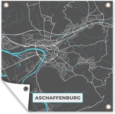 Tuin poster Plattegrond – Aschaffenburg – Blauw – Stadskaart – Kaart - Duitsland - 200x200 cm - Tuindoek