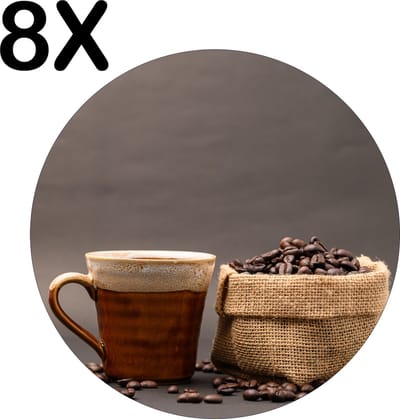 Luxe Ronde Placemat - Koffie met Koffiebonen Zakje - Set van 8 Placemats - 50x50 cm - 2 mm dik Vinyl - Anti Slip - Afneembaar