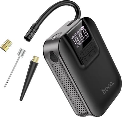 Hoco - Autoluchtpomp (S53) - Slim, draagbaar voor fiets, motorfietsbanden oppompen met LED-licht, 5000mAh, 3.5bar - Zwart
