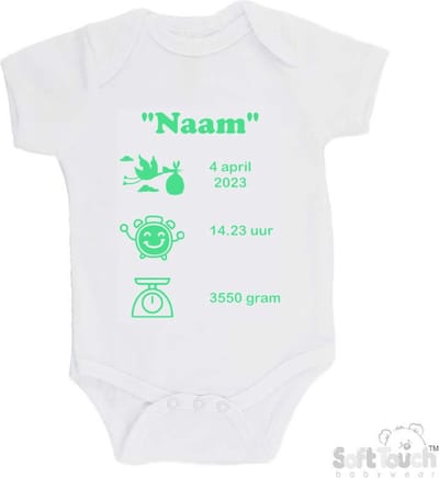 100% katoenen Romper met naam & geboortegegevens Unisex/Meisje/Jongen Katoen Wit/mint Maat 62/68