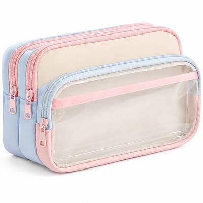Grote Etui met 4 Vakken - Etui voor School met Doorzichtig Venster voor DIY - Pennenzak met Grote Capaciteit voor 100 Pennen - Multifunctionele Schoolspullen Etui voor Meisjes en Jongens - Blauw en roze patchwork