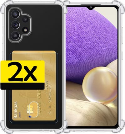 Hoesje - 2 Stuks - Geschikt voor Samsung Galaxy A32 5G - Met Pashouder en Kaarthouder - Telefoon Hoes Shockproof - Siliconen Case - Back Cover - Shock Proof - Pasjes Houder - Telefoonhoesjes - Transparant