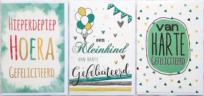 3 Wenskaarten - Kleinkind + Van Harte Gefeliciteerd + Hieperdepiep Hoera - 12 x 17 cm – KLEIN-302