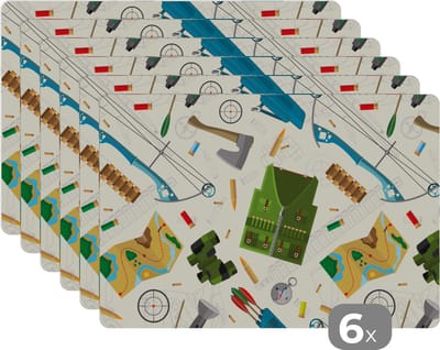 Placemat - Placemats kunststof - Boog - Kogels - Patronen - 45x30 cm - 6 stuks - Hittebestendig - Anti-Slip - Onderlegger - Afneembaar