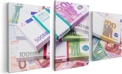 Artaza Canvas Schilderij Drieluik Euro Geld Briefjes - Stapels  - 120x60 - Foto Op Canvas - Canvas Print