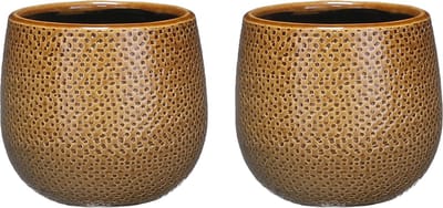 Mica Decorations Bloempot - Set van 2x stuks - okergeel - keramiek - 14 x 12 cm - plantenpotten