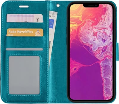Hoesje Met Pasjeshouder - Geschikt voor Apple iPhone 13 Mini - Luxe Bookcase Portemonee - Flip Case - Kunstleer Book Case - Flipcase - Book Cover - Walletcase - Portemonneehoes - Turquoise
