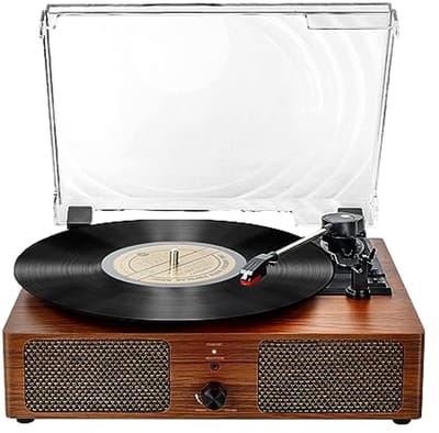 Bluetooth Record Speler Riemgedreven 3-Speed Draaitafel, Vintage Vinyl Record Spelers Ingebouwde Stereo Speakers, met Hoofdtelefoon Jack/Aux Input/RCA Line Out, Houten