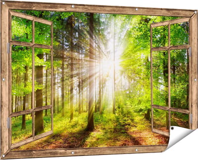 Gards Tuinposter Doorkijk Bos met Zon tussen de Bomen - 150x100 cm - Tuindoek - Tuindecoratie - Wanddecoratie buiten - Tuinschilderij
