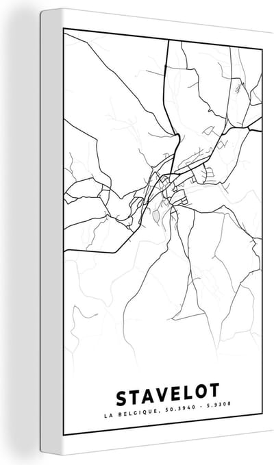 Canvas Schilderij Zwart Wit – België – Plattegrond – Stadskaart – Kaart – Stavelot - 20x30 cm - Wanddecoratie