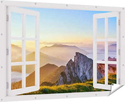 Gards Tuinposter Doorkijk Zonsopkomst in de Bergen in de Alpen - 180x120 cm - Tuindoek - Tuindecoratie - Wanddecoratie buiten - Tuinschilderij