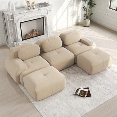 Pugsdrly Modulaire U-bank van hoogwaardig corduroy, zonder montage, antislip en geschikt voor huisdieren, extra brede armleuningen, zeer elastische 32D-vulling voor woonkamer, slaapkamer en kantoor, beige