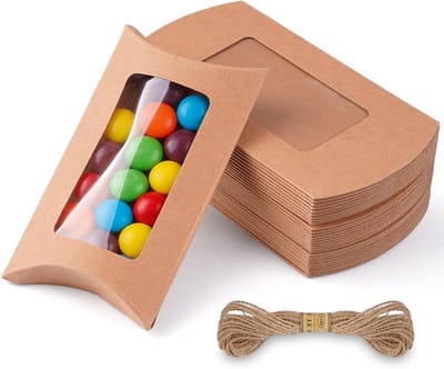 Kraft Kussendozen met Venster - 30 Stuks Cadeauverpakkingen van Kraftpapier met Jute Touw voor Bruiloften, Verjaardagen en Feestdagen
