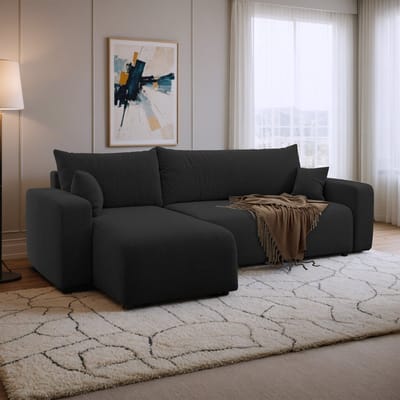 Hoekbank met opbergruimte Romee - Universeel - Teddy stof - Zwart - Slaapbank met opbergruimte - Lounge Links of Rechts - Direct Leverbaar - Hoekzetel - Chaise longue - Zetel met slaapgedeelte - 3 zits - Zitcomfort Medium