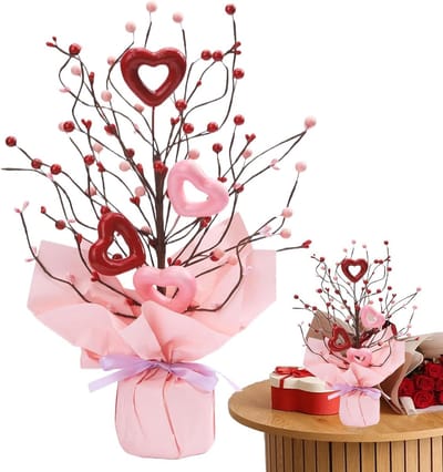 Kunstboeket Valentijn - Decoratie bloemen - Huis opfleuren - Hartvormige bessen - 7.5 x 7.5 x 7.5 cm - Rood