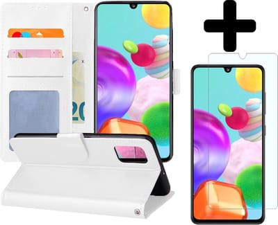 Hoesje - Met Screenprotector - Geschikt voor Samsung Galaxy A41 - Luxe Pasjeshouder - Flipcase - Bookcase Portemonee - Flip Case - Kunstleer Book Case - Book Cover - Walletcase - Portemonneehoes - Telefoonhoes - Wit