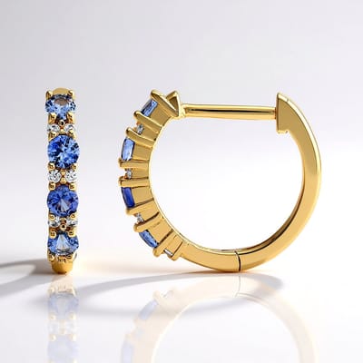 Cavill - 375 Geelgouden Oorbellen - 0,35ct Blauwe Ceylon Saffier & Tanzaanse Zirkonia - Cirkelvormig Modern Design - Luxe Sieraden