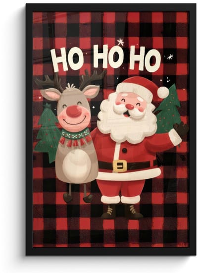 Poster in lijst - Fotolijst 40x60 cm - Posters - Kerstman - Rendier - Tekst - Rood - Zwart - Posterlijst zwart - Decoratie - Wanddecoratie woonkamer - Muurdecoratie slaapkamer - Kerstversiering - Kerstdecoratie voor binnen - Kerstmis