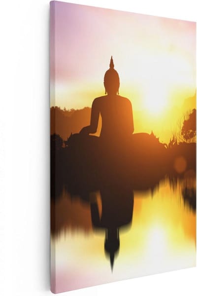 Artaza Canvas Schilderij Zonsondergang - 20x30 cm - Klein - Wanddecoratie Boeddha - Muurdecoratie Bergen - Kamer Accessoires Spiritueel