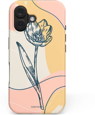 Casetastic hoesje geschikt voor Apple iPhone 16 - MagSafe - Dubbellaagse bescherming - Lente tulp - Fashion Case - Perzik Beige Lichtgrijs