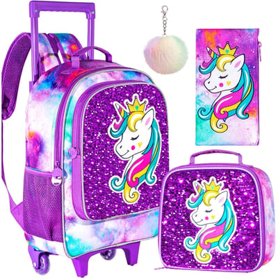 3 STuks Rolrugzak voor Meisjes Kinderen Wieltjes Boekentas met Lunchtas Slaap Eenhoorn Patroon Ontwerp Lichtgevend in het Donker Funct
