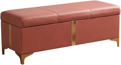 Opbergpoef Rechthoekig - Zitbank Kruk - Ruimte Organiseren - Robuust Metalen Frame - 60 cm Breed - Oranje