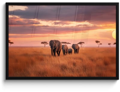 Poster in lijst - Fotolijst 90x60 cm - Posters - Groep olifanten - Open vlakte - Zon - Posterlijst zwart - Decoratie - Wanddecoratie woonkamer - Muurdecoratie slaapkamer