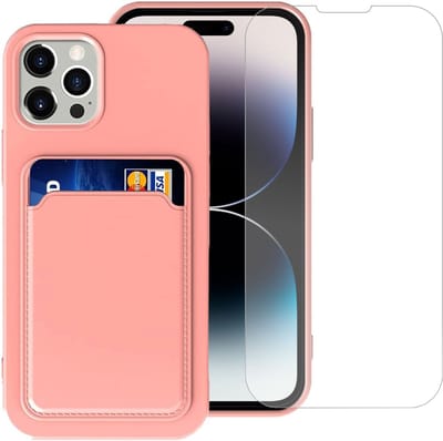 Geschikt voor iPhone 14 Pro Pasjes houder Hoesje Case + Screenprotector – Gehard Glas Cover - Portemonnee Hoesje Cover - Rose
