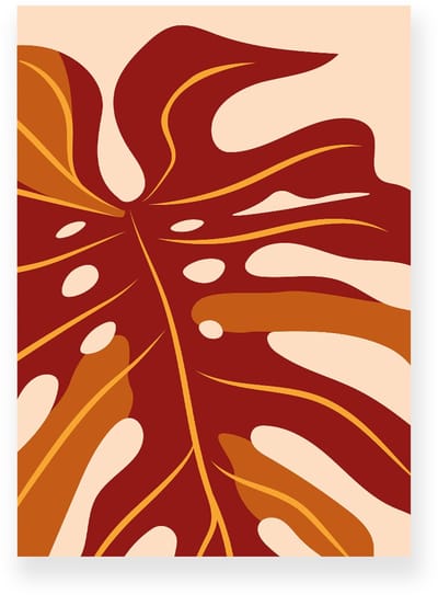 Poster 20x30 cm - Monstera Bladeren - Planten - Bruin - Oranje - Minimalistisch - Botanisch - Muurdecoratie - Wanddecoratie