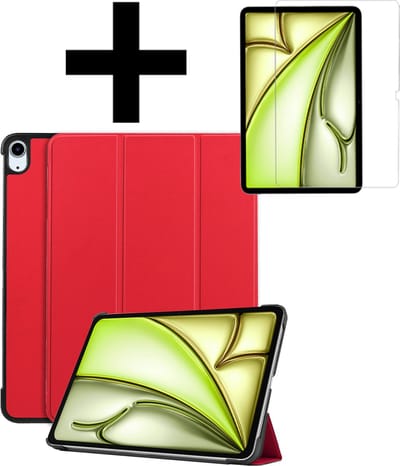 Hoes - Geschikt voor Apple iPad Air (2024/2025/2026) - 11 inch - Met Screenprotector - Trifold Bookcase - Hard Cover - Hardcover Book Case - Tablet Hoesje - Rood