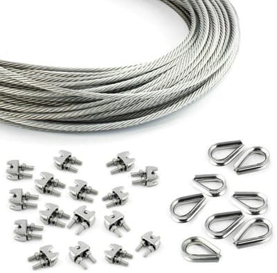 DQ-PP STAALKABEL SET - 5 mm - 200 m - 16 x Kabelklemmen 5 mm - 8 x Kousen 5 mm - Roestvrij Staal INOX - 7x7 Middelzacht - Staalkabel voor Klimhulp Roestvrij Staalkabel Staaldraad Bosbouwkabel Lierkabel
