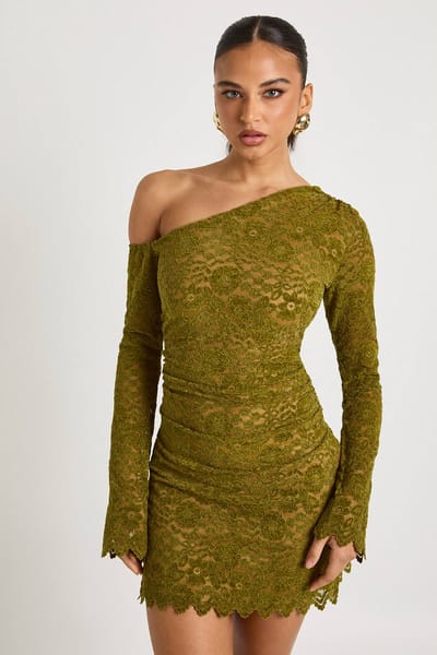 boohoo Dames Fluwelen kant lange mouw mini-jurk | Green | Maat: 12