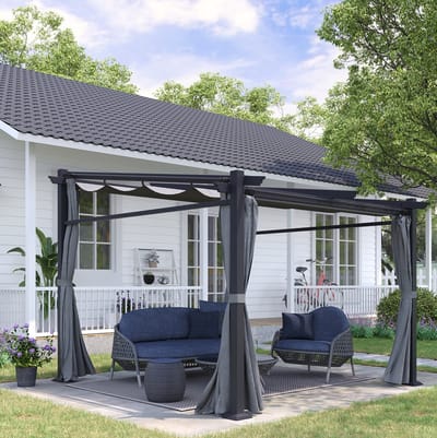 MIVRAY Pergola Uitschuifbaar Zonnedak 2,97 X 2,95 M Staal Polyester Donkergrijs Voor Terras En Tuin
