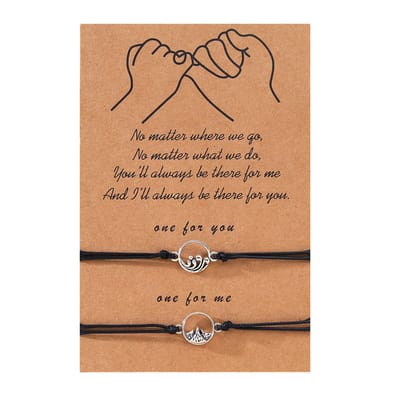 Vriendschapsarmbandjes voor 2 met Oceaan & Berg - Zilverkleurig - Zwarte Bandjes - BFF Armband op Cadeau kaartje - Pax Amare