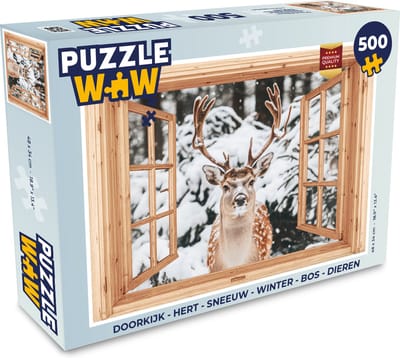 Puzzel Doorkijk - Hert - Sneeuw - Winter - Bos - Dieren - Legpuzzel - Puzzel 500 stukjes